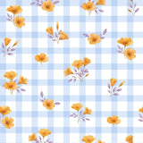a repeating pattern of orange flowers with purple leaves against a blue and white checkered background.