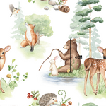 a watercolor painting of a forest scene with animals