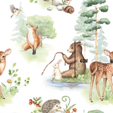 a watercolor painting of a forest scene with animals