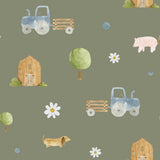 a repeating pattern of farm-themed illustrations, including a blue tractor, a pink pig, a brown barn, a white daisy, and a brown dog.
