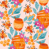The image is a vibrant and colorful pattern featuring various elements related to honey, such as honeycombs, bees, flowers, and honey pots.