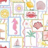 The image is a colorful and vibrant collage of various sea-themed illustrations, including a seahorse, a crab, a lemon, a seashell, a palm tree, a sailboat, and a banana. The illustrations are arranged in a visually appealing manner, creating a lively and playful atmosphere.