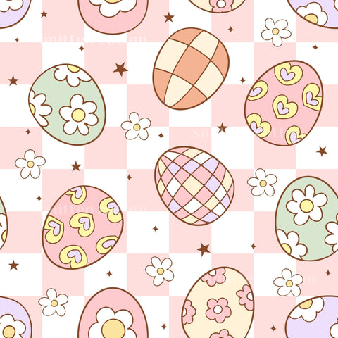 a pattern of colorful Easter eggs and flowers on a pink and white checkered background.
