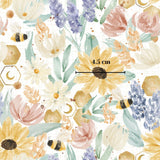 The image is a vibrant and colorful pattern featuring various flowers, leaves, and bees. The flowers are depicted in different shades of yellow, pink, and white, while the leaves are rendered in shades of green and brown. The bees are shown in black and yellow, adding a dynamic element to the overall composition. The image is a collage of multiple images, and the text "4.5 cm" is visible, indicating the size of the pattern.