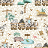 The image is a repeating pattern featuring various animals and safari-themed elements, such as a train, a zebra, a giraffe, a rhinoceros, a hippopotamus, a flamingo, and a leopard. The animals are depicted in a playful and whimsical manner, creating a lively and engaging visual experience.