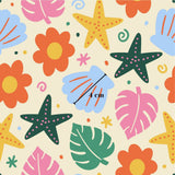 a variety of colorful and whimsical illustrations, including flowers, leaves, and starfish, arranged in a playful and visually appealing manner.