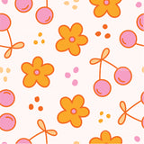 a pattern of flowers and cherries on a white background