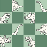 a green and white checkered pattern with dinosaurs