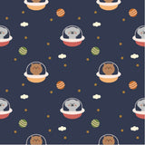 The image is a repeating pattern of cartoon-style illustrations of bears wearing spacesuits and floating in the air against a dark blue background with stars and planets.