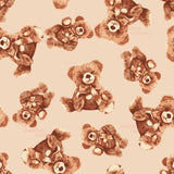a repeating pattern of brown teddy bears with bows, arranged in a grid-like layout against a light peach background.