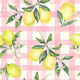 a repeating pattern of yellow lemons and white flowers on a pink and white checkered background.