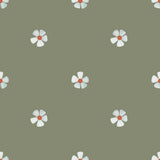 a repeating pattern of white flowers with red centers against a green background.