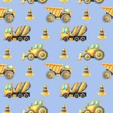 a repeating pattern of various construction vehicles, including dump trucks, cement mixers, and traffic cones, all set against a blue background.