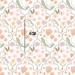 a floral wallpaper with pink flowers and green leaves