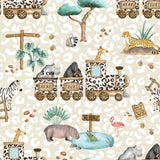The image is a collage of various animal illustrations, including a zebra, giraffe, rhinoceros, hippopotamus, and leopard, along with safari tours and a train. The scene depicts a safari-themed environment with a train and animals interacting in a natural setting.