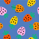 a pattern of colorful, stylized fruits and vegetables, including strawberries, carrots, and other produce, arranged in a visually appealing and playful manner.