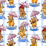 The image is a repeating pattern of cartoon teddy bears walking in the rain, each holding an umbrella.