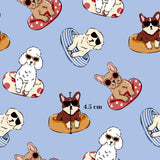 a repeating pattern of cartoon illustrations of dogs in various poses, including some sitting on floating objects and others lounging on the ground.