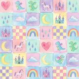 The image is a collage of various colorful and whimsical illustrations, including a dragon, unicorn, castle, rainbow, moon, heart, and clouds, all set against a pastel background.