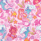 a pink background with mermaids and flowers