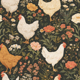 The image is a repeating pattern of white chickens surrounded by various colorful flowers and plants against a dark background.