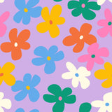 a repeating pattern of colorful flowers in various shades of blue, orange, pink, and green against a purple background.