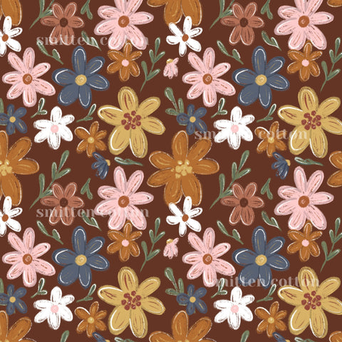 a repeating pattern of various colorful flowers and leaves against a brown background.