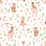 The image is a repeating pattern of watercolor illustrations of ballet dancers in pink tutus, surrounded by various floral and leaf motifs in shades of pink, green, and white.