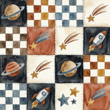 The image is a patchwork quilt with various celestial elements, including planets, stars, and comets, sewn together in a patchwork pattern.