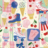 The image is a vibrant and playful collage featuring various ice cream cones, roller skates, and other fun elements, all set against a pink and green background.