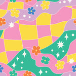 a colorful background with flowers and stars