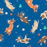 The image is a repeating pattern of cats wearing astronaut helmets and floating in a space-themed background with planets, stars, and comets.