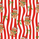 a repeating pattern of gingerbread men wearing Santa hats and scarves, with green bows scattered throughout the background.