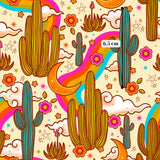 The image is a vibrant and whimsical pattern featuring various desert-themed elements, including cacti, flowers, stars, and a rainbow. The overall color scheme is bright and cheerful, with shades of orange, pink, blue, and green creating a lively and energetic atmosphere.