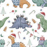 a watercolor pattern with dinosaurs and presents