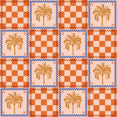 an orange and blue checkered pattern with a palm tree