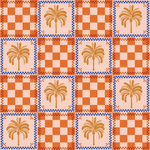 an orange and blue checkered pattern with a palm tree