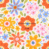 The image is a vibrant and colorful pattern featuring various stylized flowers and leaves in shades of orange, yellow, pink, blue, and green. The pattern is composed of multiple individual images, creating a visually appealing and dynamic design.