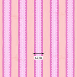 a repeating pattern of pink and white stripes with a small black tag in the center, indicating the size of the pattern.