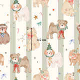 The image is a repeating pattern of cartoon-style dogs wearing Christmas-themed accessories, such as hats, ribbons, and bows, against a striped background.