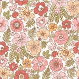 The image is a repeating pattern of various colorful flowers and leaves in shades of pink, orange, and green.