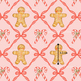 a repeating pattern of gingerbread men and candy canes on a pink background.