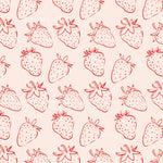 a repeating pattern of red strawberry illustrations on a light pink background.