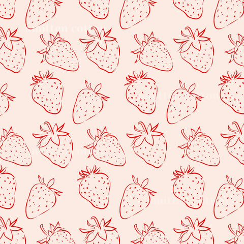 a repeating pattern of red strawberry illustrations on a light pink background.