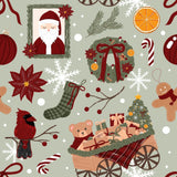 The image is a seamless pattern featuring various Christmas-themed elements such as Santa Claus, a wreath, a gingerbread man, a teddy bear, a bird, a stocking, a gift box, a Christmas tree, and a wagon filled with presents.