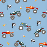 a repeating pattern of various monster trucks and checkered flags on a blue background.
