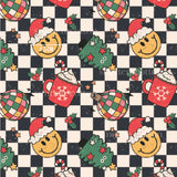 a pattern of christmas items on a checkered background