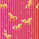a repeating pattern of stylized horses and stars on a striped background.