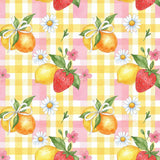a repeating pattern of various fruits and flowers on a yellow and white checkered background.