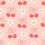 a pattern with cherries and daisies on a gray background